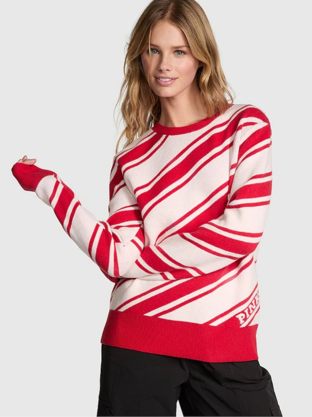 Victoria's Secret PINK Candy Cane Stripe Christmas Crewneck Sweater XL NWT
